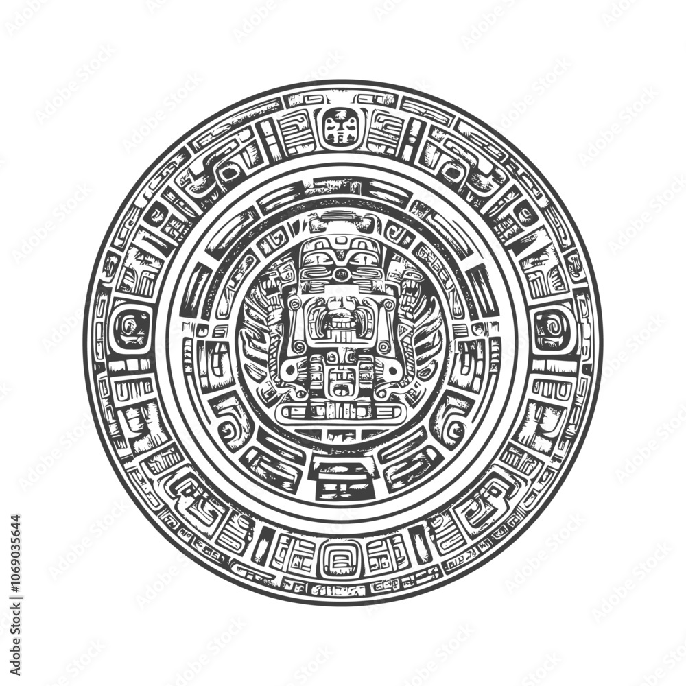 Circular Aztec Design with Central Deity Face Circular Aztec Design with Central Deity Face
