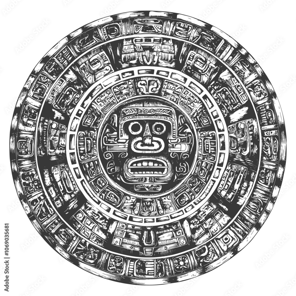 Obraz premium Circular Aztec Design with Central Face and Glyphs