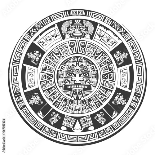 Circular Aztec Design with Central Deity and Surrounding Animal and Geometric Motifs