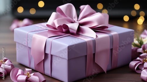 A gift box wrapped with a beautiful purple ribbon, perfect for any occasion. photo