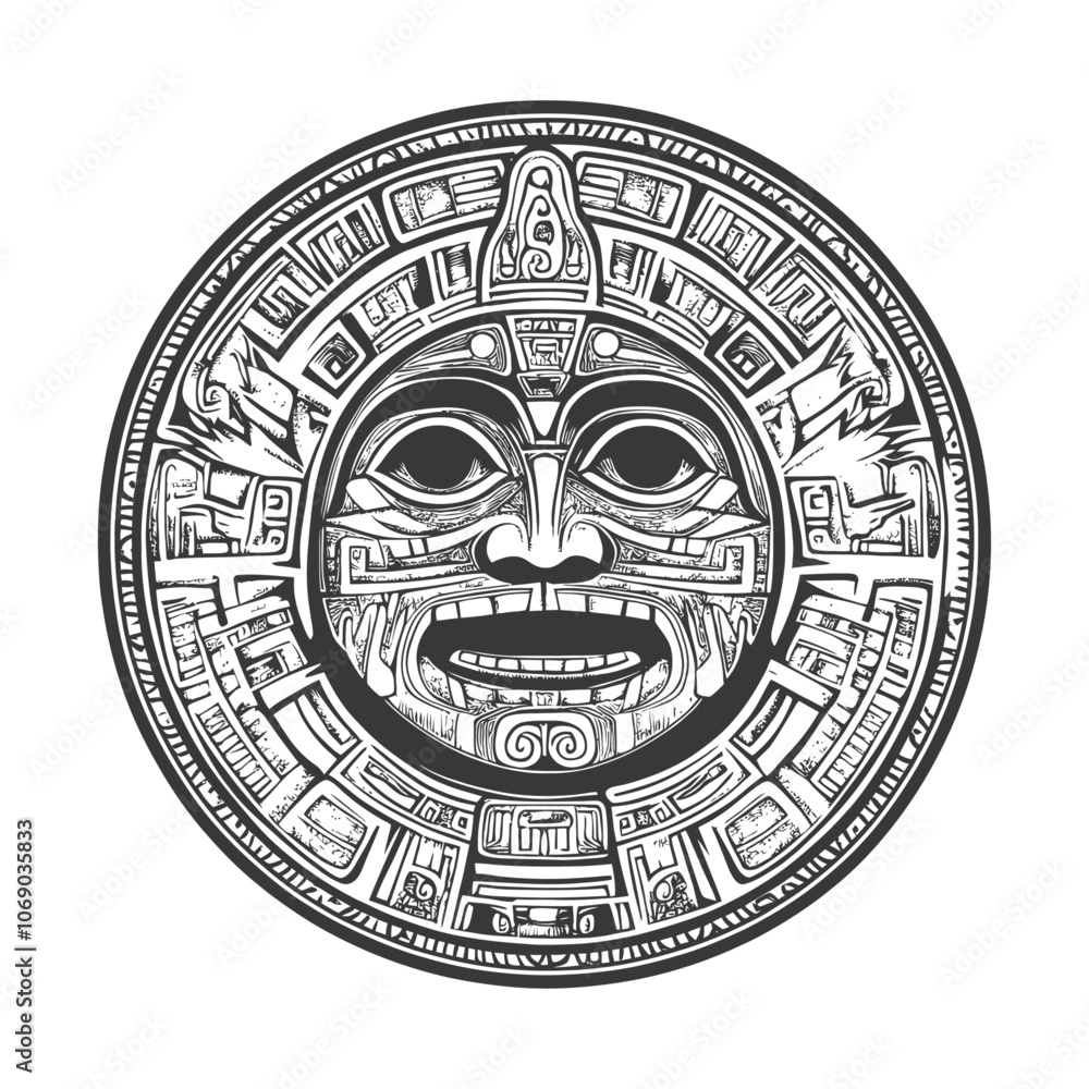Circular Aztec Design with Intricate Facial Features Circular Aztec Design with Intricate Facial Features
