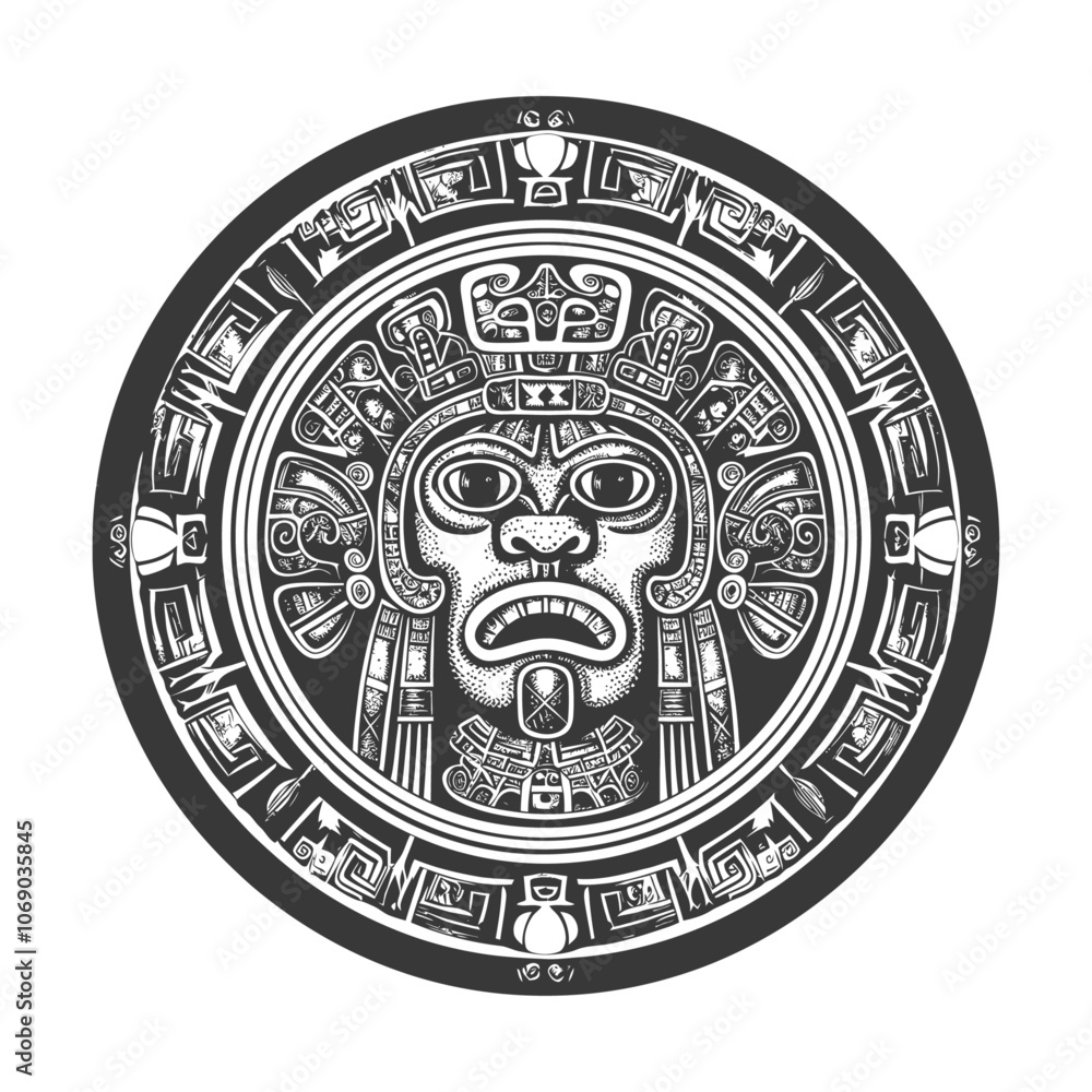 Circular Aztec Design with Ornate Facial Motif Circular Aztec Design with Ornate Facial Motif