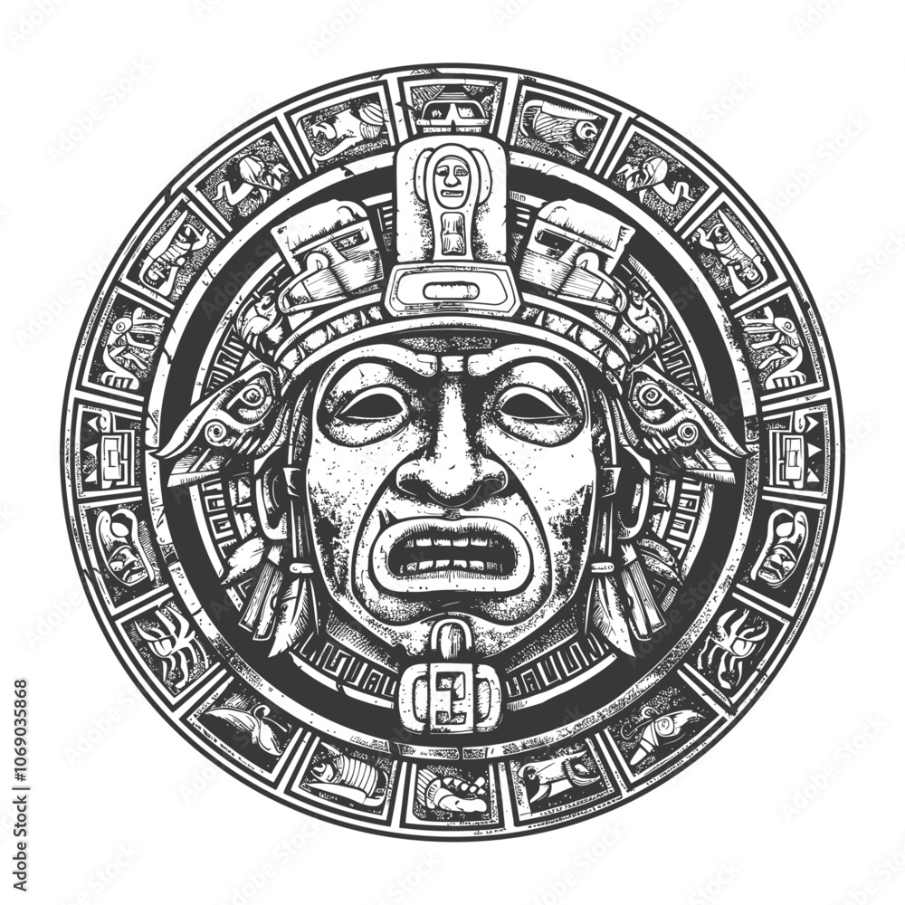 Circular Aztec Mask with Intricate Design and Animals Circular Aztec Mask with Intricate Design and Animals
