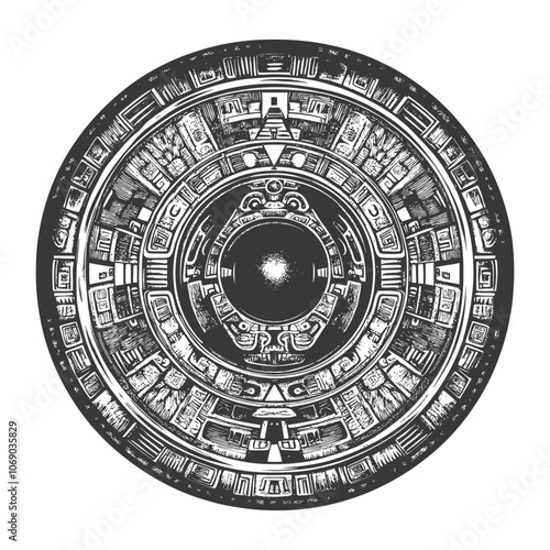 Circular Aztec Design with Central Motif and Geometric Patterns