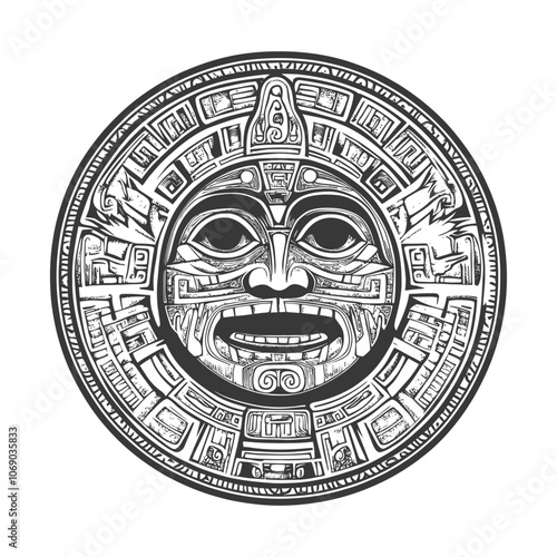 Circular Aztec Design with Intricate Facial Features