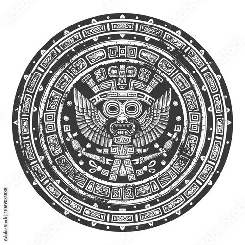 Circular Design Featuring a Mayan Deity with Wings