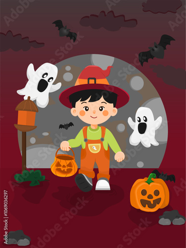 a boy wear halloween costume with spooky vibes illustration