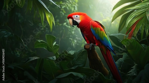 Congolese rainforest scene with parrots and dense foliage