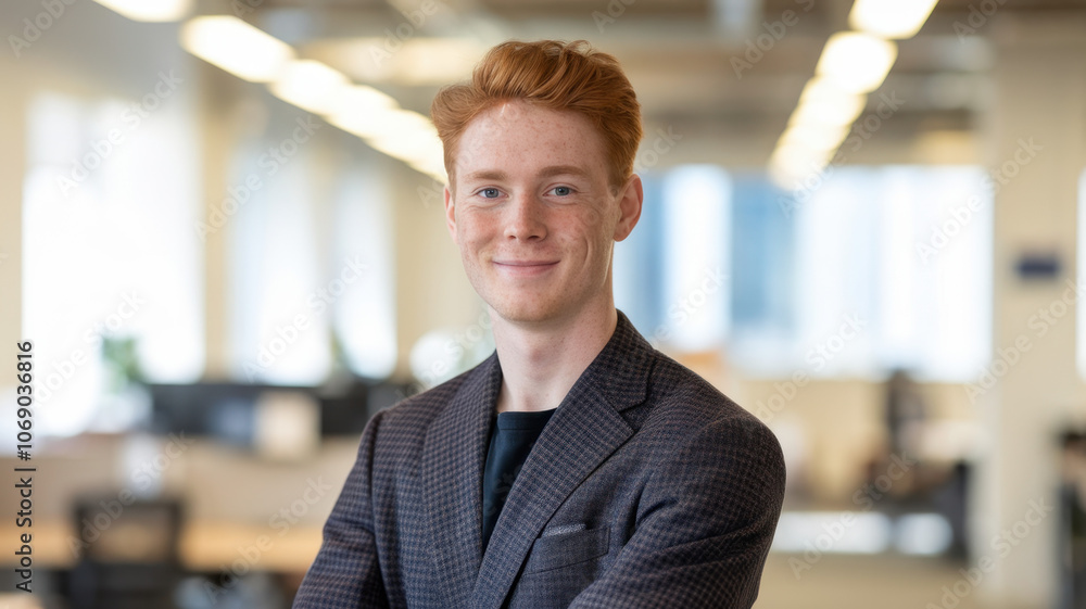 Obraz premium A confident young Caucasian man with reddish hair poses in an office environment. His smart attire and cheerful expression convey professionalism and approachability.