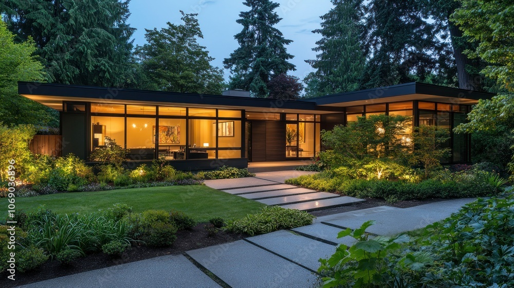 Fototapeta premium Elegant Modern Home Surrounded by Lush Greenery