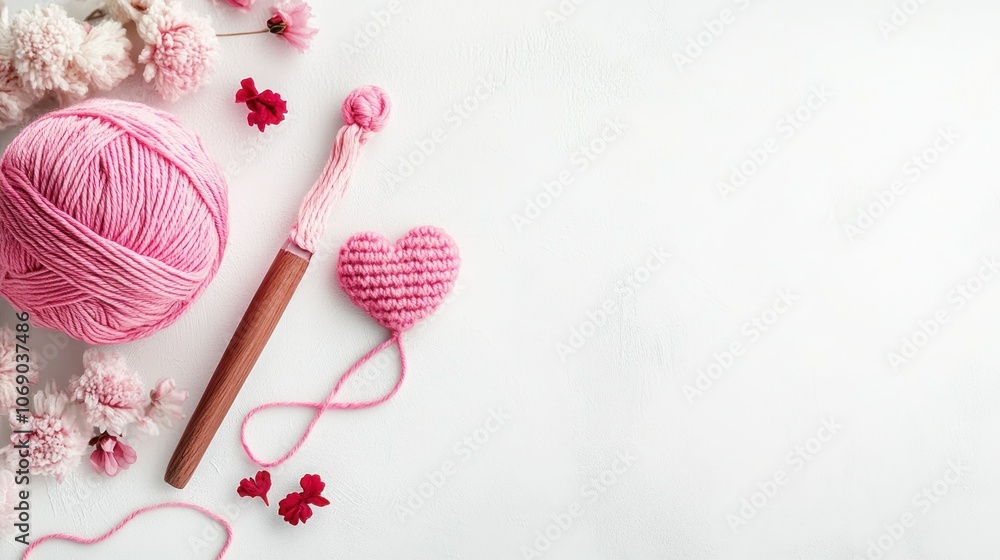 Pink Yarn and Heart-Shaped Crafting Tools Setup Pink Yarn and Heart-Shaped Crafting Tools Setup