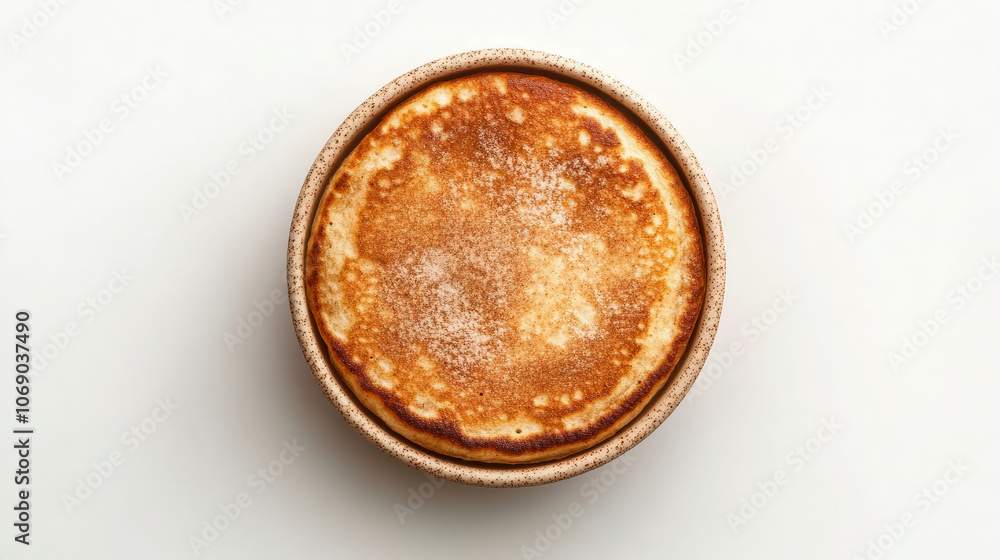 A golden-brown pancake served in a round dish, emphasizing its texture and color. A golden-brown pancake served in a round dish, emphasizing its texture and color.