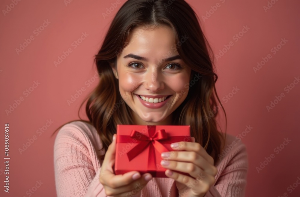 A happy young beautiful woman looks at the camera, smiles and hands you a gift box with a ribbon. A gift in your hands for Christmas, New Year, Valentine's Day, Mother's Day. The concept of holidays. A happy young beautiful woman looks at the camera, smiles and hands you a gift box with a ribbon. A gift in your hands for Christmas, New Year, Valentine's Day, Mother's Day. The concept of holidays.