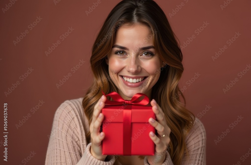 A happy young beautiful woman looks at the camera, smiles and hands you a gift box with a ribbon. A gift in your hands for Christmas, New Year, Valentine's Day, Mother's Day. The concept of holidays. A happy young beautiful woman looks at the camera, smiles and hands you a gift box with a ribbon. A gift in your hands for Christmas, New Year, Valentine's Day, Mother's Day. The concept of holidays.