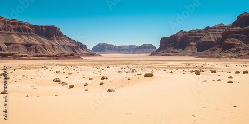 Vast sandy desert landscape with dunes stretching to the horizon under a clear blue sky, Dry, Sandy