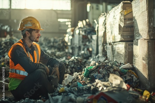 Worker in Safety Gear Inside Recycling Facility