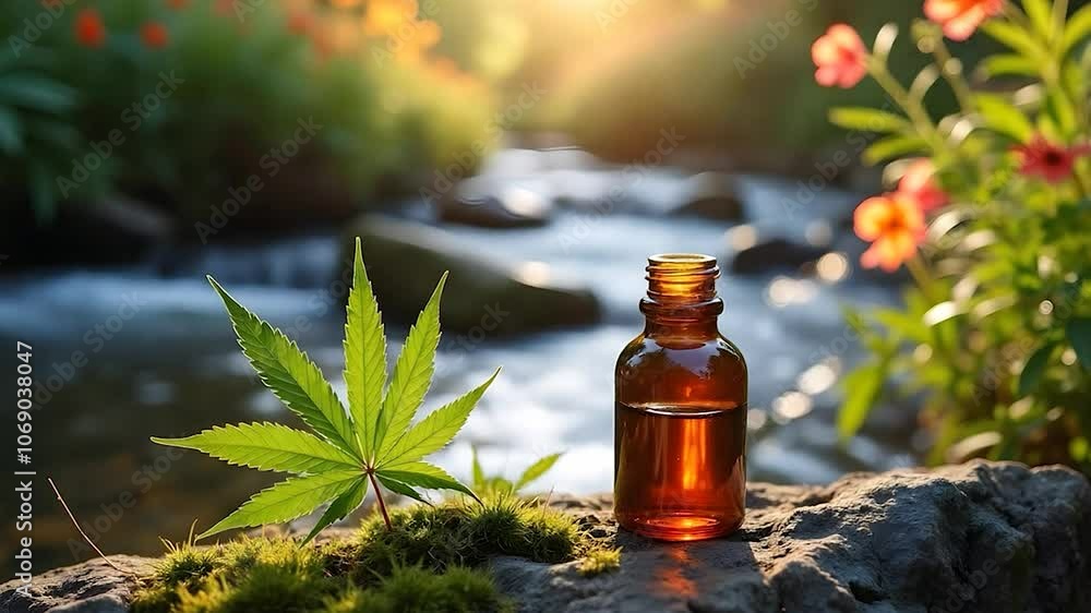CBD Oil Bottle with Cannabis Leaf in a Natural Setting by a Stream CBD Oil Bottle with Cannabis Leaf in a Natural Setting by a Stream