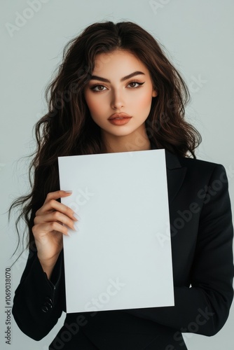 Young Businesswoman Holding Blank Document Against Textured Wall 