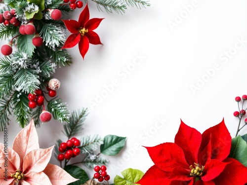 Vibrant poinsettia flowers against a bold red background, season, traditional