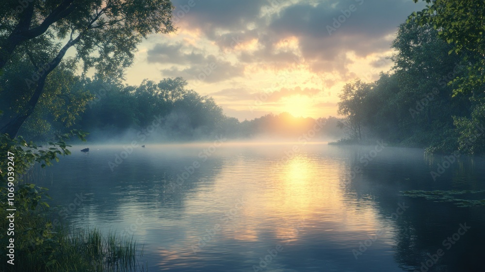 A serene sunrise over a misty river, with lush green trees framing the scene. The sun peeks through the clouds, casting golden light on the water. A serene sunrise over a misty river, with lush green trees framing the scene. The sun peeks through the clouds, casting golden light on the water.