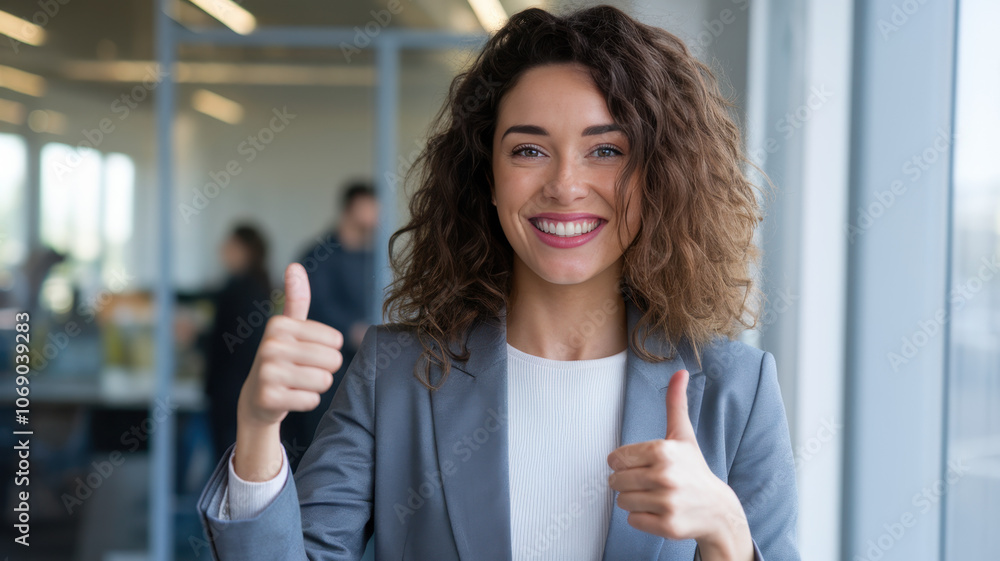 A cheerful Hispanic woman in a gray blazer gives a thumbs-up, exuding confidence and positivity in a modern office environment. A cheerful Hispanic woman in a gray blazer gives a thumbs-up, exuding confidence and positivity in a modern office environment.
