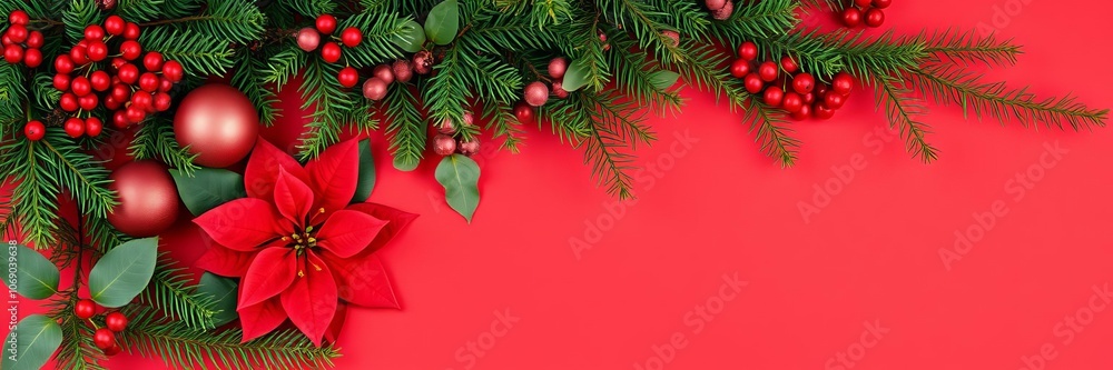 Vibrant poinsettia flowers on a red background, floral, festive Vibrant poinsettia flowers on a red background, floral, festive