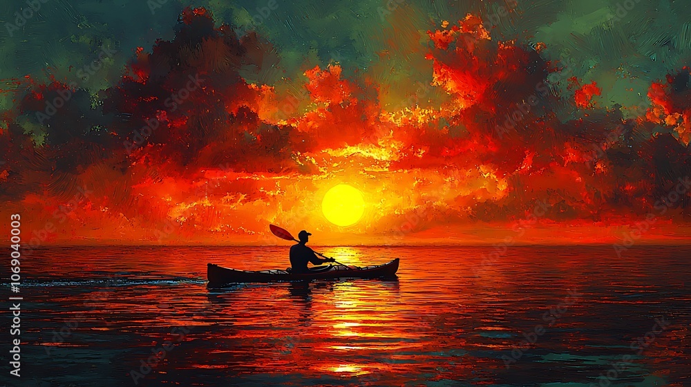 A lone kayaker paddles towards a fiery sunset, silhouetted against the dramatic clouds. A lone kayaker paddles towards a fiery sunset, silhouetted against the dramatic clouds.