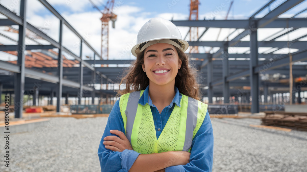 Smiling Latina woman in a hard hat and safety vest confidently poses on a construction site, showcasing her pride in the development work being done around her. Smiling Latina woman in a hard hat and safety vest confidently poses on a construction site, showcasing her pride in the development work being done around her.