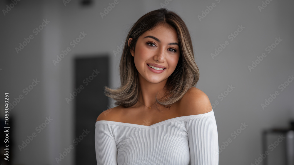 A young South Asian woman with long, wavy hair smiles warmly at the camera, showcasing her natural beauty in a soft-lit studio setting. A young South Asian woman with long, wavy hair smiles warmly at the camera, showcasing her natural beauty in a soft-lit studio setting.