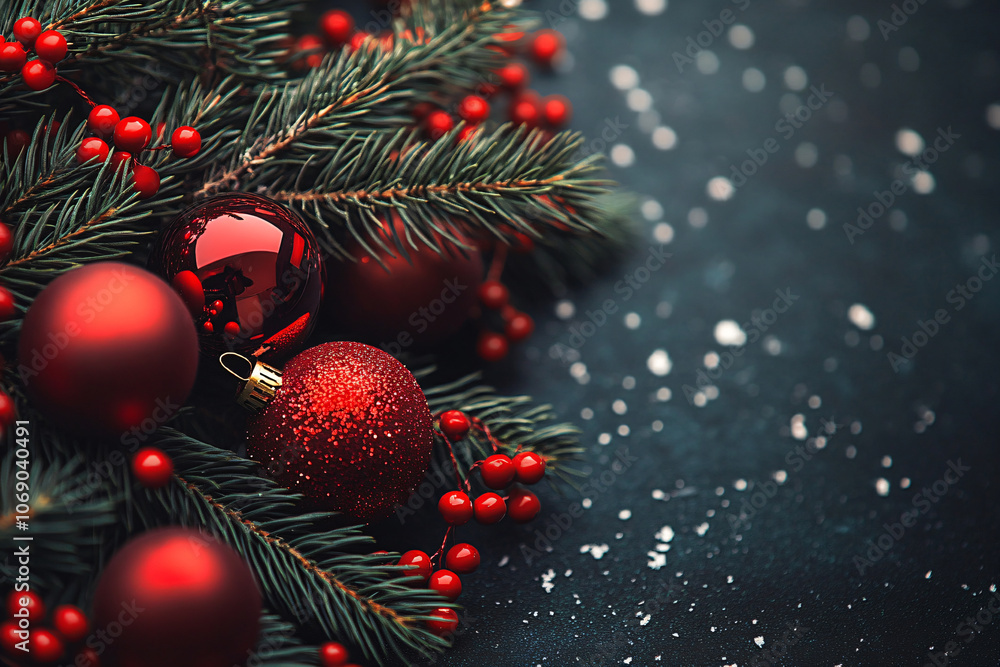 Red balls decoration and green Christmas tree on dark grey snowy background. Winter flat lay template, border concept for Christmas, New Year and sale season. Web card and backdrop with space for text Red balls decoration and green Christmas tree on dark grey snowy background. Winter flat lay template, border concept for Christmas, New Year and sale season. Web card and backdrop with space for text