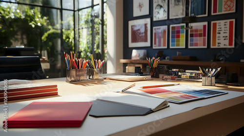 A well-lit modern office workspace with a desk, chair, laptop, notebooks, color palettes, and pencils.