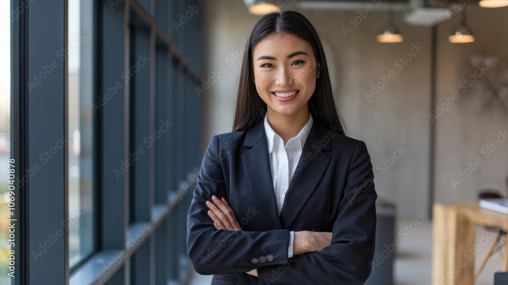 A confident young Asian woman in a professional black suit smiles warmly while standing with her arms crossed in a modern office setting. A confident young Asian woman in a professional black suit smiles warmly while standing with her arms crossed in a modern office setting.