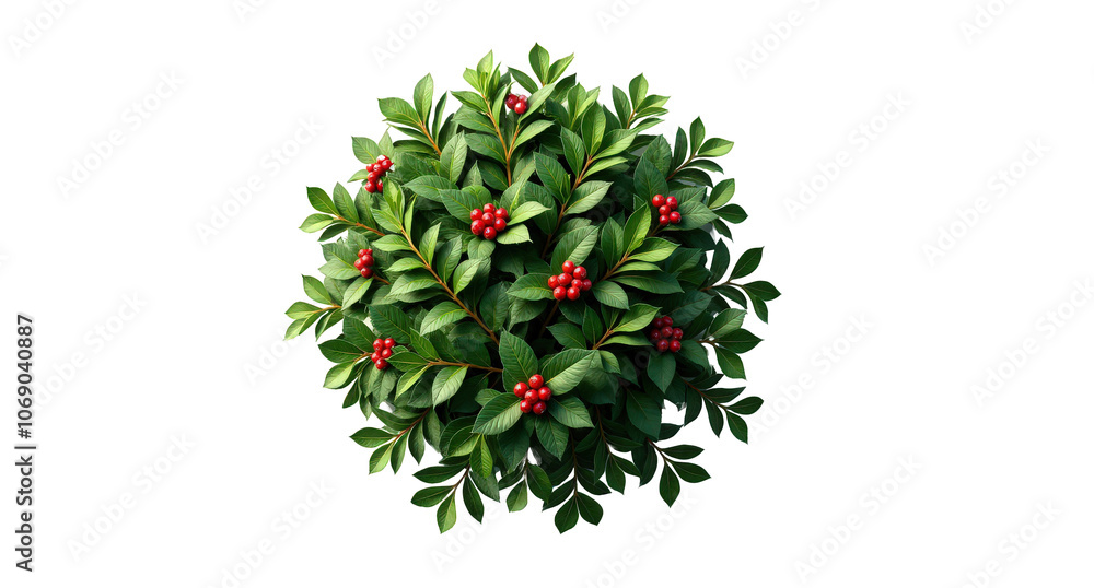 Obraz premium Ultra-realistic top view of Holly shrub on a plain transparent background. Glossy green leaves and bright red berries with clear contours, no shadows. Ideal for holiday-themed photography.