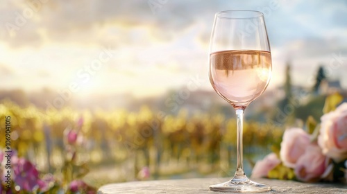 Elegant Wine Glass with Rose in Scenic Background