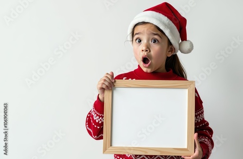 A surprised little girl in a santa's hat and christmas sweater holding a wooden frame with epty place, free place for advertising with an attractive child. white background. christmas kids sale photo