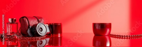 Vibrant red background with shiny reflective surface, perfect for showcasing luxury beauty products or accessories, red, accessories photo