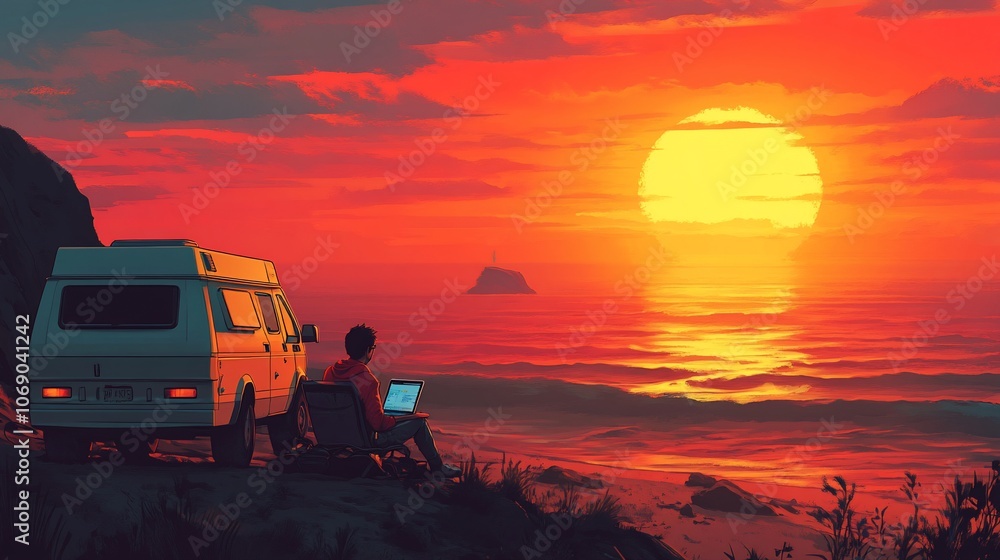 A person sits on a cliffside with a laptop, overlooking a sunset over the ocean. A van is parked nearby. A person sits on a cliffside with a laptop, overlooking a sunset over the ocean. A van is parked nearby.