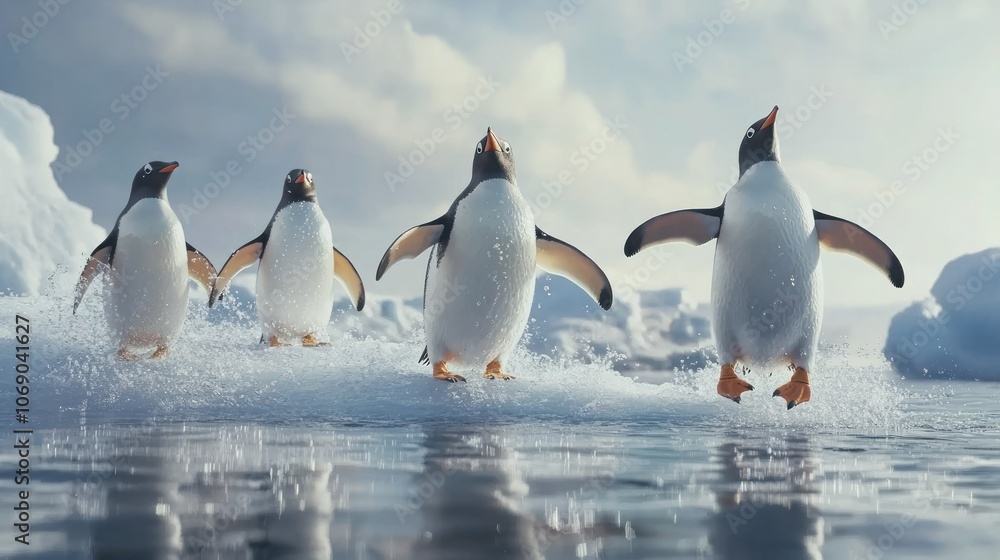 Obraz premium Penguins Walking on Ice in a Serene Landscape