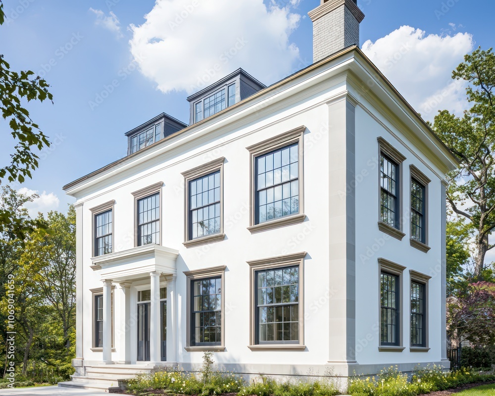 Georgian house in white, accented with hazel trim and light gray windows, under full sun. Georgian house in white, accented with hazel trim and light gray windows, under full sun.