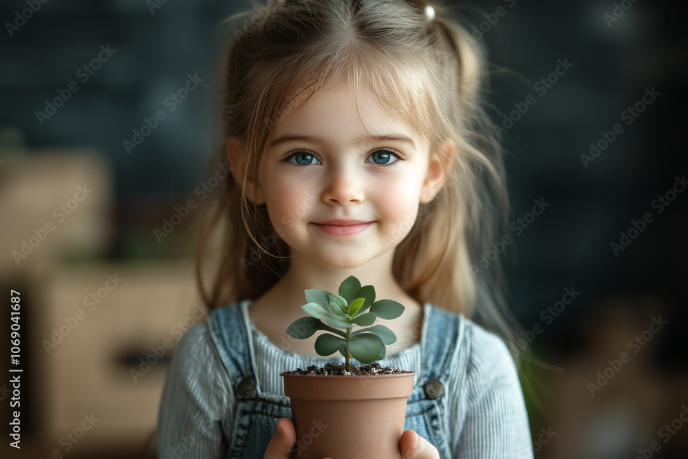 Happy girl holding a pot with a plant on school classroom background, botany lesson... Happy girl holding a pot with a plant on school classroom background, botany lesson...