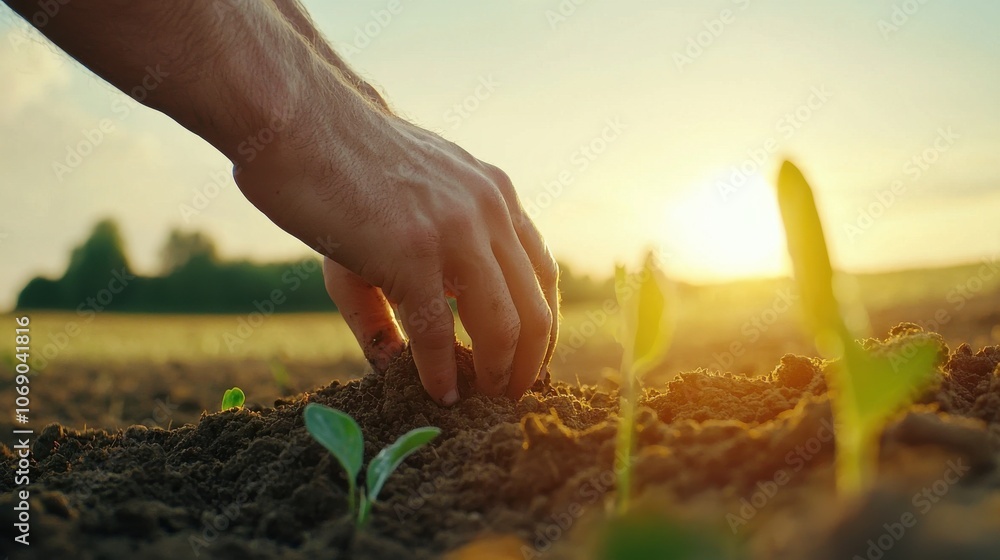 Fototapeta premium Farmers Hand Examining Fertile Soil at Sunset