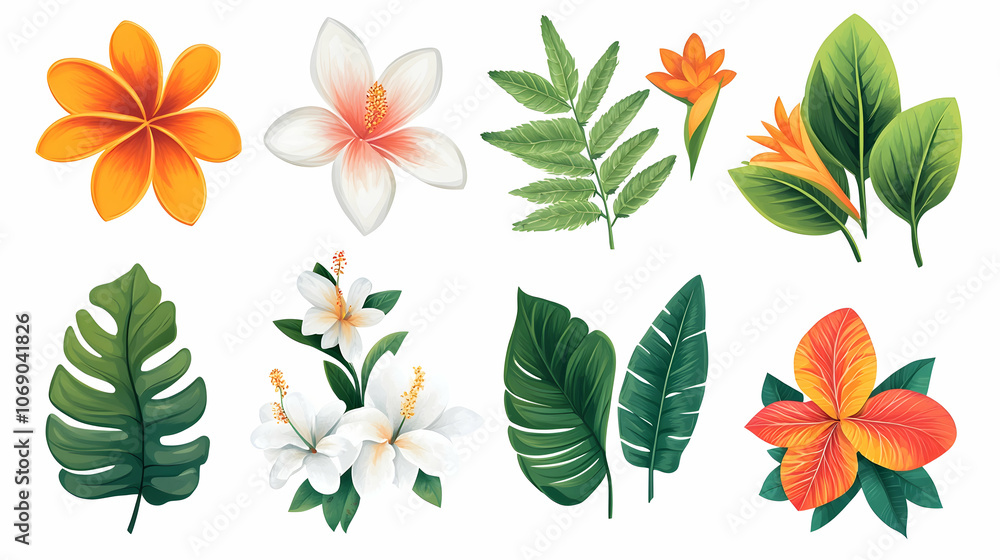 Collection of tropical flowers and leaves isolated on white background. Collection of tropical flowers and leaves isolated on white background.