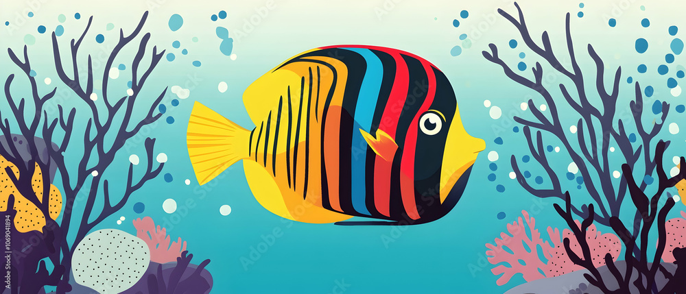 Fototapeta premium Colorful fish swimming in blue water with coral reef.