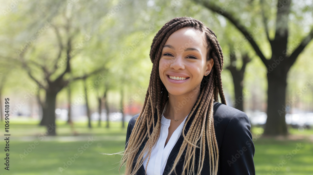 A confident young Black woman with long braided hair smiles warmly against a backdrop of lush green trees in a sunny park setting. A confident young Black woman with long braided hair smiles warmly against a backdrop of lush green trees in a sunny park setting.