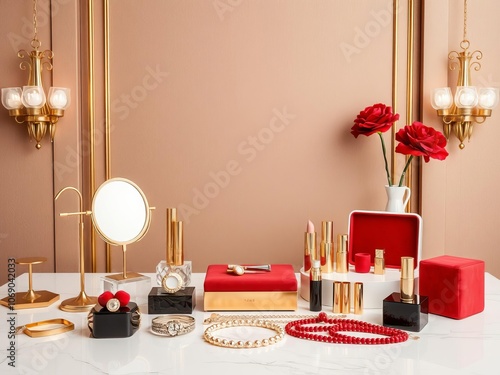 Vibrant red vanity table on a bold red background with elegant gold accents, modern, stylish photo