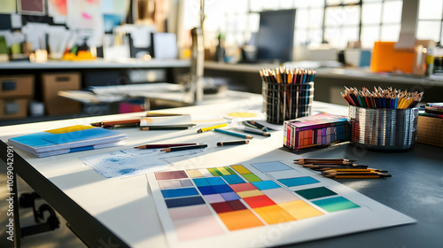 Creative workspace with color swatches, pencils, and notebooks on a desk in a modern office.