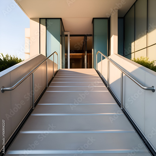 Stylish wheelchair ramp with sturdy metal handrails at sleek building entrance, promoting accessibility and inclusivity