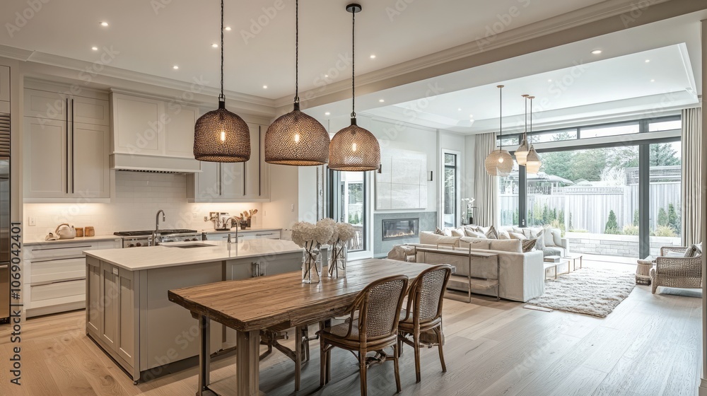 Fototapeta premium Modern kitchen and dining room with white cabinets, a wooden table, and wicker chairs