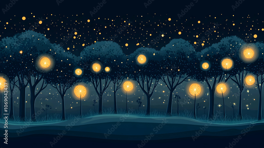 Enchanted Forest at Night with Glowing Lights. Enchanted Forest at Night with Glowing Lights.