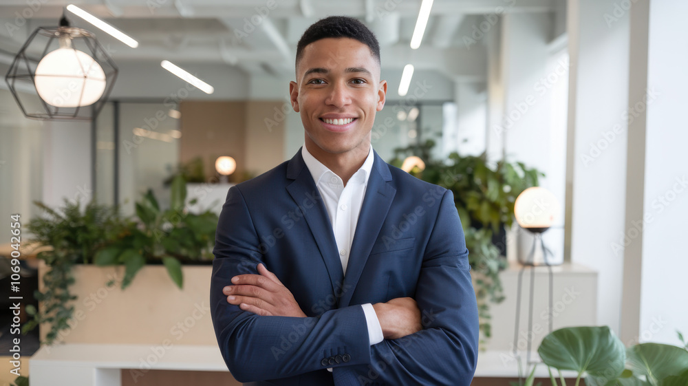 A young Black male professional stands confidently with arms crossed in a modern office, showcasing a friendly smile, surrounded by lush green plants. A young Black male professional stands confidently with arms crossed in a modern office, showcasing a friendly smile, surrounded by lush green plants.